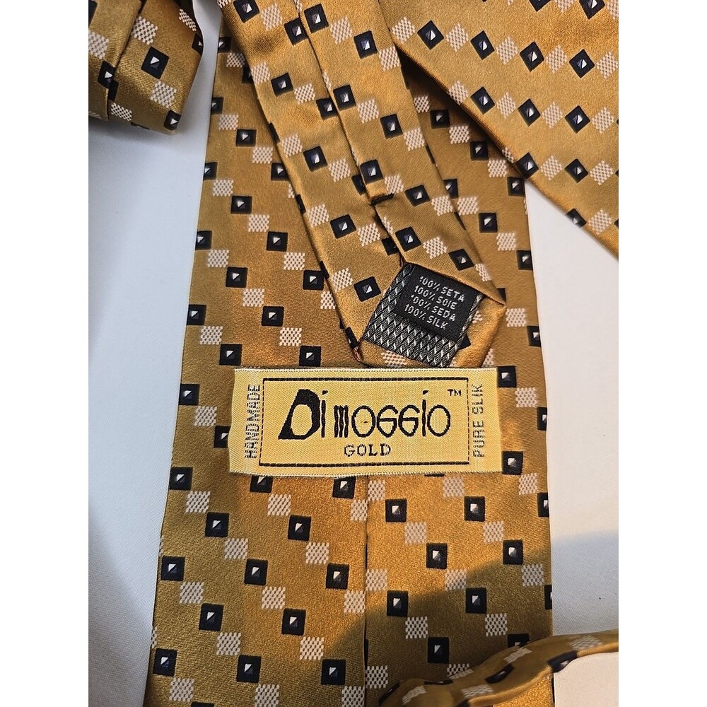 Vintage DiMoggio Men's Gold Necktie Black square Geometric Pattern 100% Silk58x4